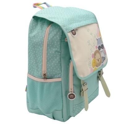 Mochila infantil verde-água com bolso frontal ilustrado