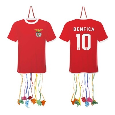 Pião de festa em formato de camisola vermelha do Benfica com fitas coloridas.