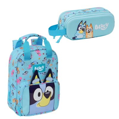 Mochila e estojo escolares azuis com motivos do desenho Bluey