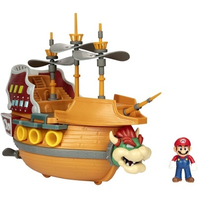 Brinquedo de navio pirata Bowser e figura do Mario em plástico colorido