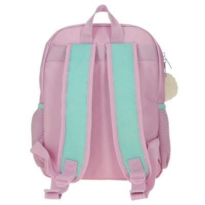 Mochila rosa com alças azuis vistas de trás