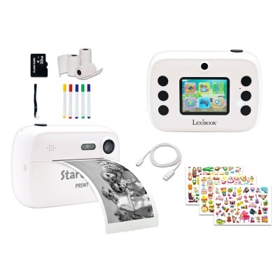 Conjunto de impressora fotográfica portátil e consola digital com acessórios e autocolantes em fundo branco.