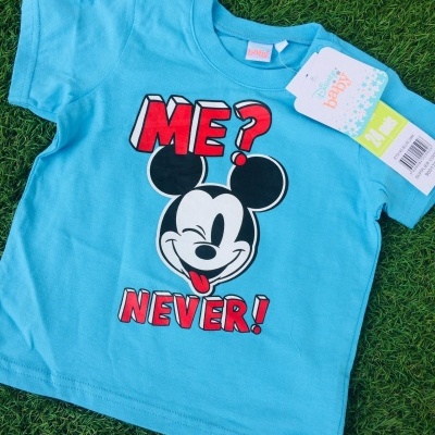 Camiseta azul para bebé com estampa do Mickey Mouse e texto ME? NEVER!