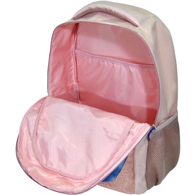 Mochila cor-de-rosa com interior rosa claro e bolso de malha lateral