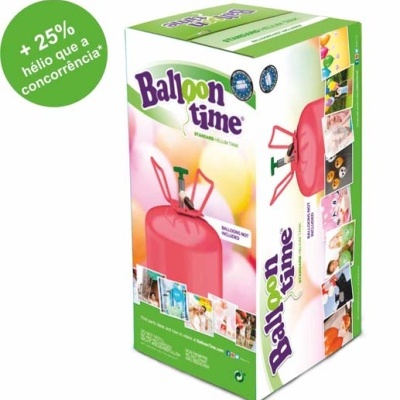 Embalagem de botija de gás hélio para balões Balloon time com texto e imagens ilustrativas