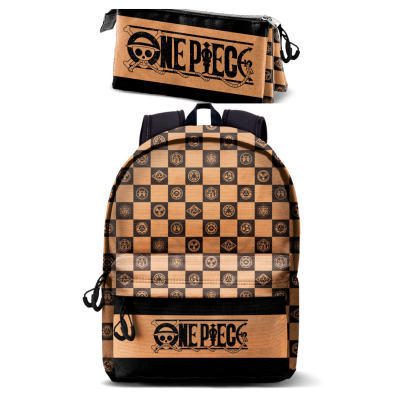 Mochila e estojo xadrez castanho preto com caveiras e texto ONE PIECE