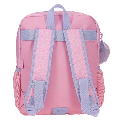 Mochila cor-de-rosa e lilás com alças acolchoadas e padrão de corações