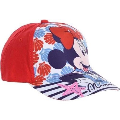 Boné infantil estampado com personagem Minnie, flores azuis e vermelhas, riscas e estrela rosa.