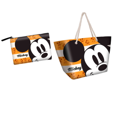 Saco e carteira com design do Mickey Mouse em tecido preto, branco e laranja