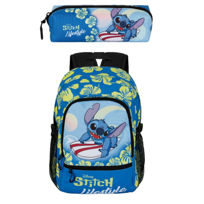 Mochila azul com estampado de Stitch a surfar e estojo azul com design similar