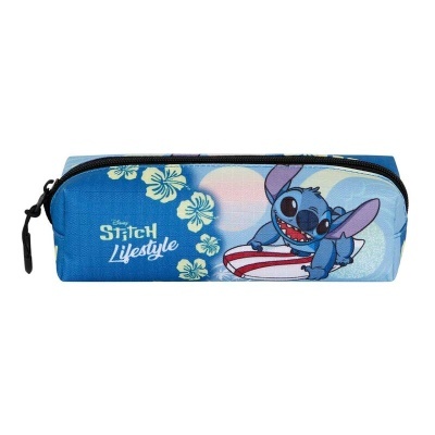 Estojo azul com personagem Stitch e flores amarelas