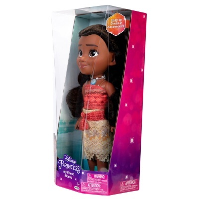 Boneca Disney Princess Moana com vestido vermelho e saia bege em caixa rosa