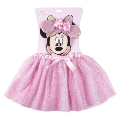Fato infantil Minnie Mouse rosa brilho com saia e tiara em embalagem cor de rosa
