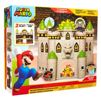 Caixa do brinquedo Castelo de Bowser Deluxe Super Mario com imagens e texto multilingue