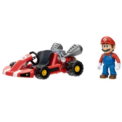 Carro de kart vermelho com figura do Mario em fundo branco