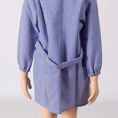 Vestido infantil azul e branco quadriculado visto por trás