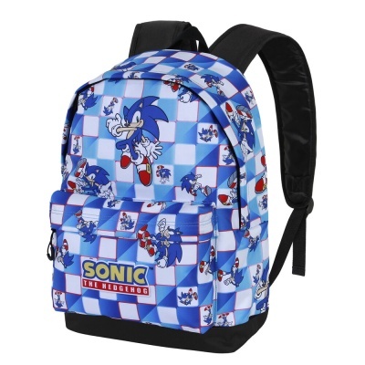 Mochila azul e branca com padrão Sonic the Hedgehog