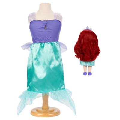 Vestido infantil azul e roxo com saia cetim azul-turquesa e boneca com cabelo ruivo e coroa lilás