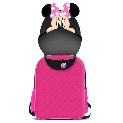 Mochila infantil rosa e preta com rosto da Minnie Mouse e laço rosa com bolinhas brancas