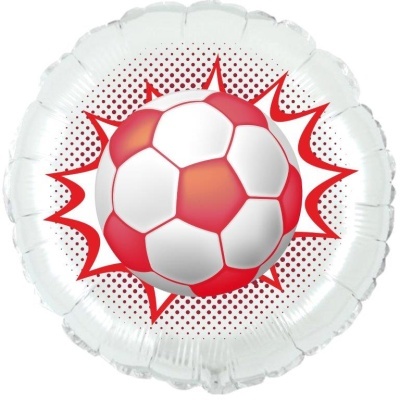 Balão prateado com bola de futebol vermelha e branca estampada