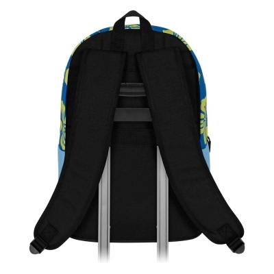 Mochila floral azul e amarelo vista de trás com suporte para trolley