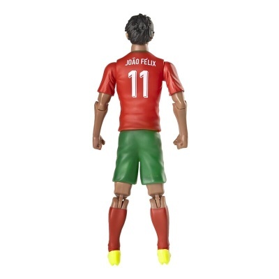 Figura articulada de jogador de futebol com camisola vermelha, calção verde e meias vermelhas