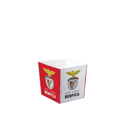 Caixa de papelão com emblema e texto SPORT LISBOA E BENFICA em vermelho e branco