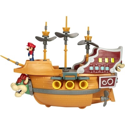Navio de brinquedo colorido com personagens Mario e Bowser