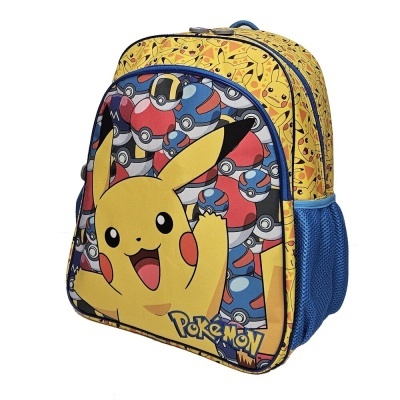 Mochila infantil amarela e azul com estampa de Pikachu e pokébolas