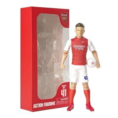 Figura de ação de jogador de futebol com uniforme do Arsenal e embalagem vermelha
