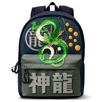 Mochila azul escura com bolso cinza, dragão verde e caracteres chineses