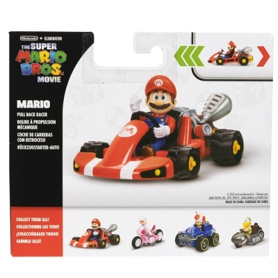 Brinquedo do Mario em kart vermelho com embalagem do filme The Super Mario Bros Movie