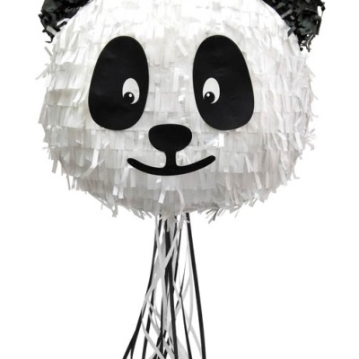 Piñata de cabeça de panda com franjas pretas e brancas