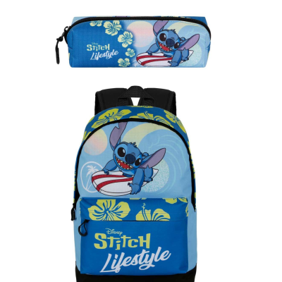 Mochila e estojo escolares azuis com personagem Stitch e texto Disney STITCH Lifestyle