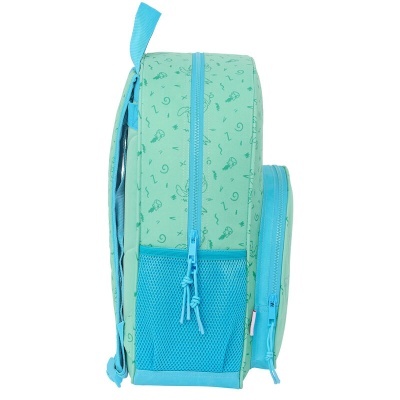 Mochila infantil verde claro com detalhes azuis vista de lado