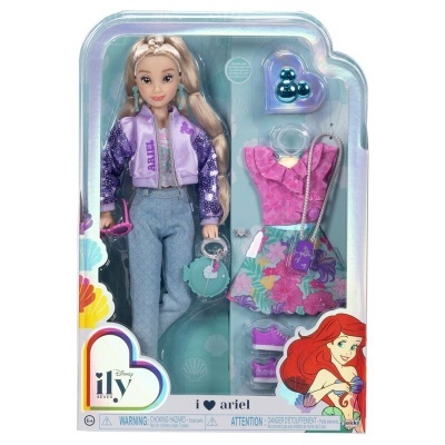 Boneca Disney i.l.y Ariel com roupinhas e acessórios coloridos na embalagem