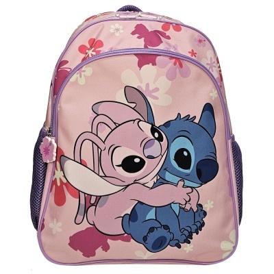 Mochila de criança rosa com personagens Angel e Stitch e padrão de flores