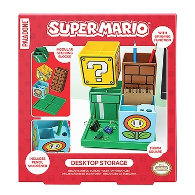 Organizador de secretária Super Mario com blocos modulares coloridos e acessórios, em embalagem vermelha.