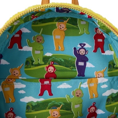 Interior de mochila com padrão colorido dos Teletubbies em fundo azul