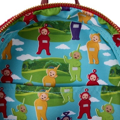 Interior de mochila com padrão colorido dos Teletubbies e fecho vermelho