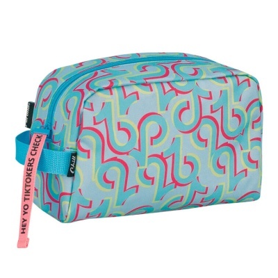 Necessaire de tecido com padrão colorido abstrato e alça com texto