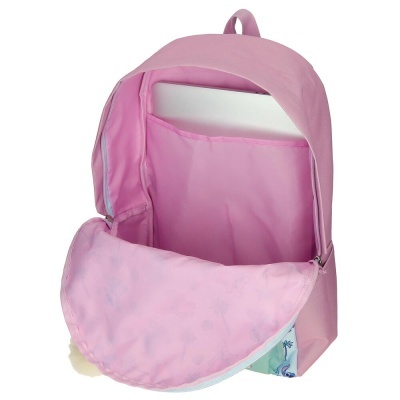 Mochila rosa aberta mostrando compartimento interno acolchoado em tom rosa claro com padrão floral