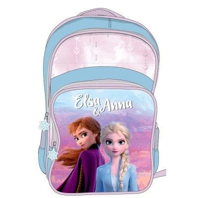 Mochila azul e rosa com imagem de Elsa e Anna e texto Elsa & Anna