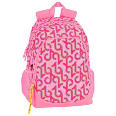 Mochila rosa com padrão colorido e alças acolchoadas