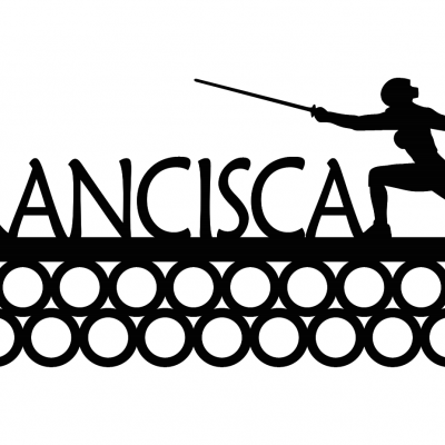 Suporte preto para medalhas com nome FRANCISCA e figura de esgrimista