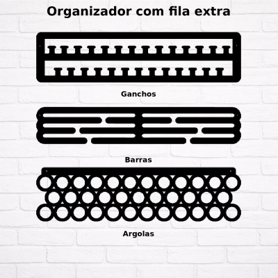 Três designs pretos de organizadores para acessórios contra parede branca de tijolos, com legendas em português.