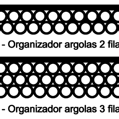 Organizadores de argolas pretos de parede com 2 e 3 filas e texto explicativo