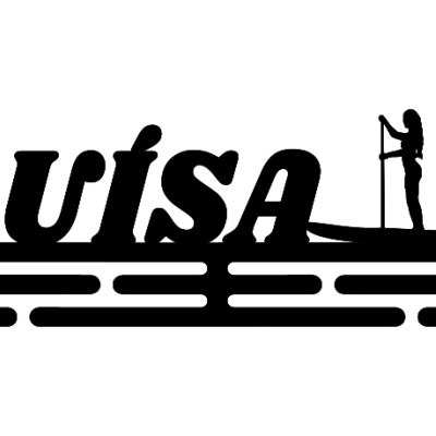 Nome LUÍSA e figura feminina num paddle board em objeto decorativo preto