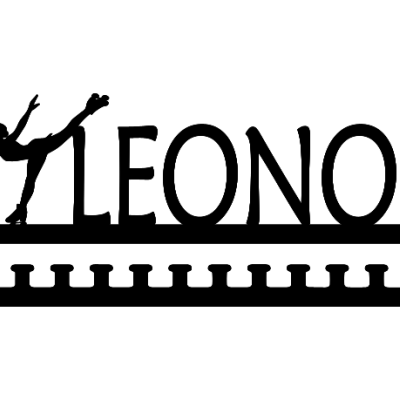 Suporte de medalhas em metal preto com nome LEONOR e patinadora artística