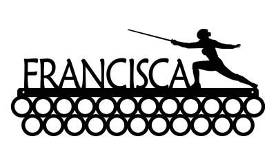 Suporte preto para medalhas com nome FRANCISCA e figura de esgrimista